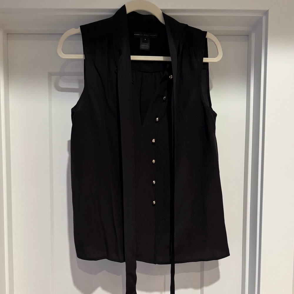 Marc By Marc Jacobs Black Sleeveless Blouse with Gold Buttons and Tie Neck
